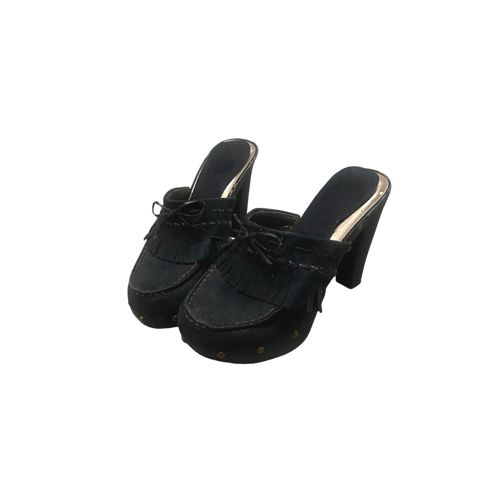 LEI Black Suede Platform Clogs Kiltie Fringe Studded Chunky Heel Mules Womens 7